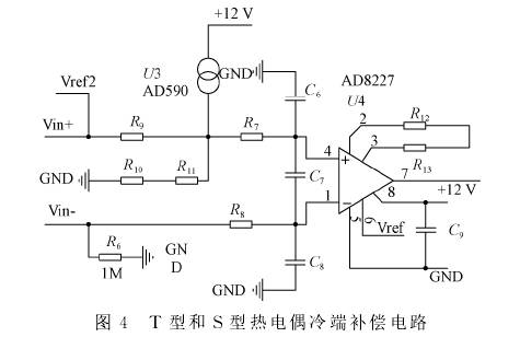 T型和S型热电偶冷端补偿电路图示